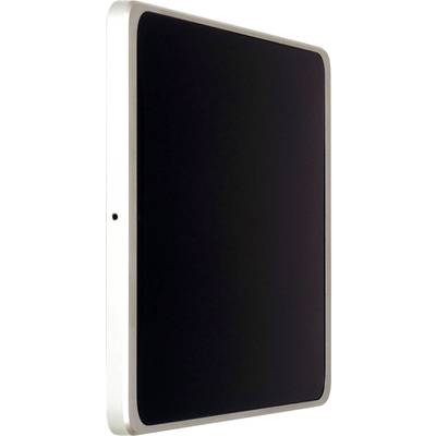 Ein rechteckiges, dunkles Tablet mit silbernem Rahmen steht vertikal. Es hat einen modernen und minimalistischen Look.