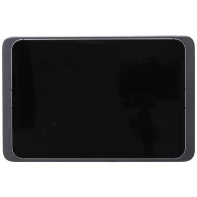 Ein rechteckiges, dunkles Tablet vor hellem Hintergrund, Bildschirm ist ausgeschaltet.