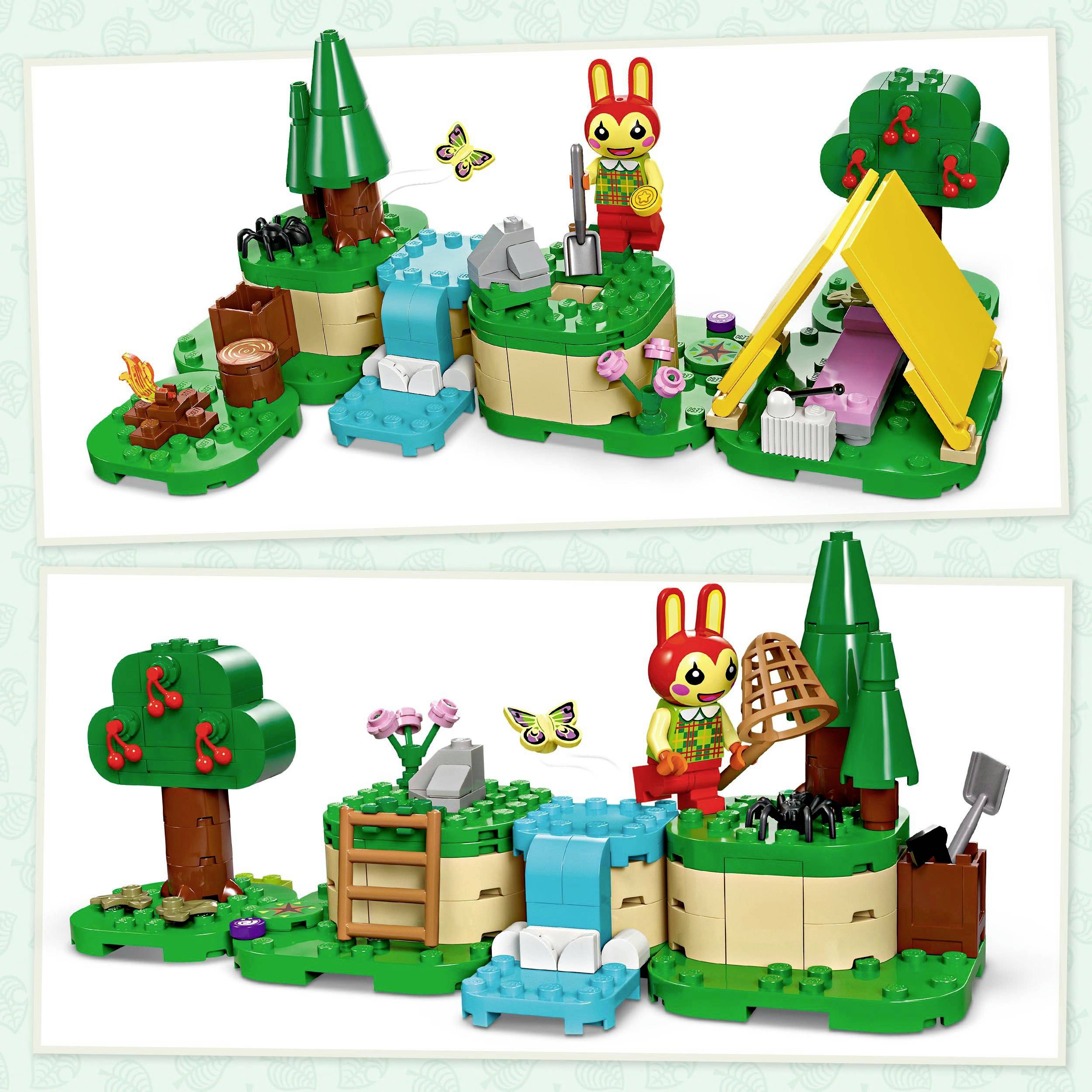 Zwei LEGO-Szenen mit Hasenfigur in grüner Landschaft. Oben: Zelt, Schaufel, Baum. Unten: Wasserfall, Netz, Blumen. Bunte Details.
