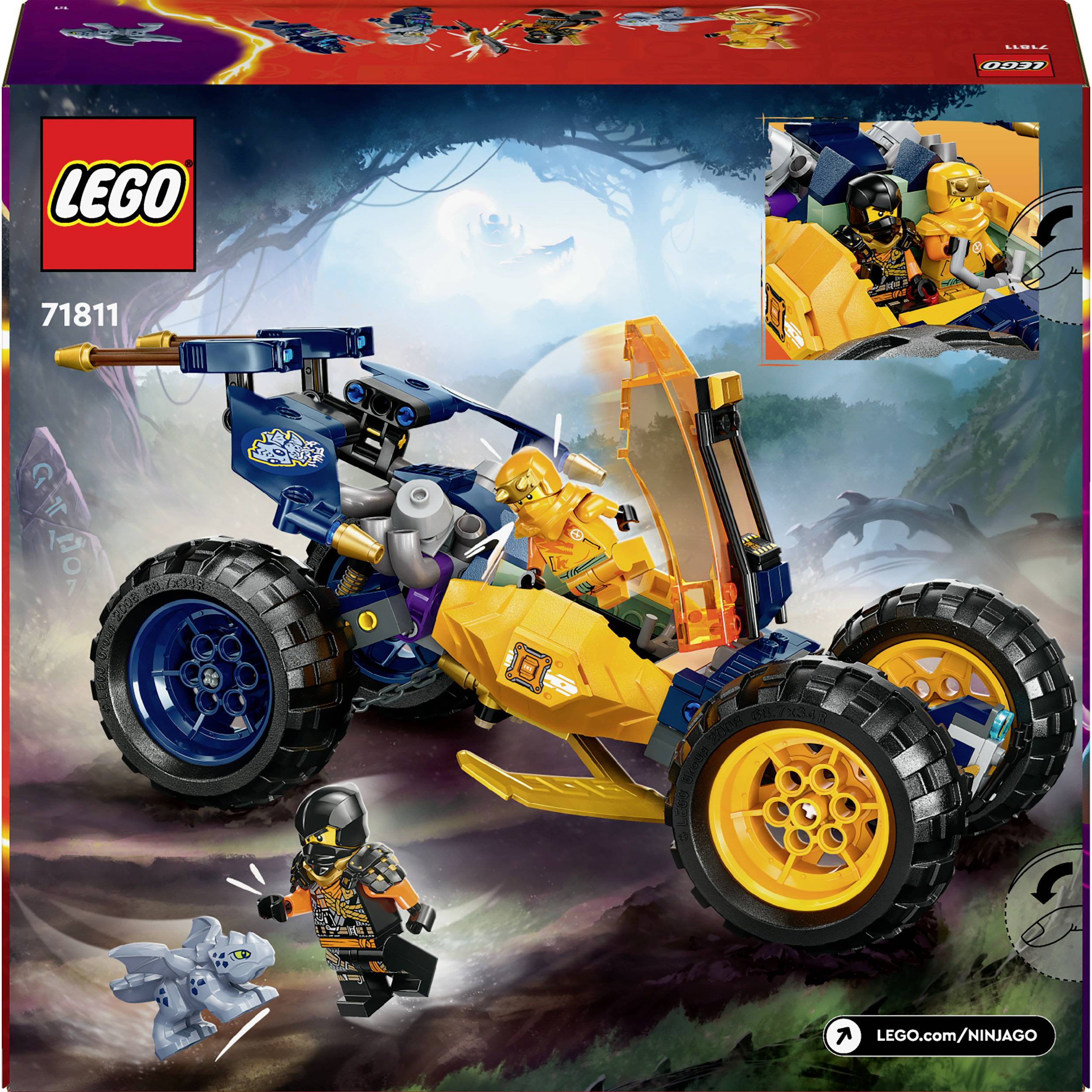 LEGO Ninjago Set 71811: Gelbes und blaues Fahrzeug mit großer Kanone. Enthält zwei Figuren: eine in Gelb, die andere in Schwarz.