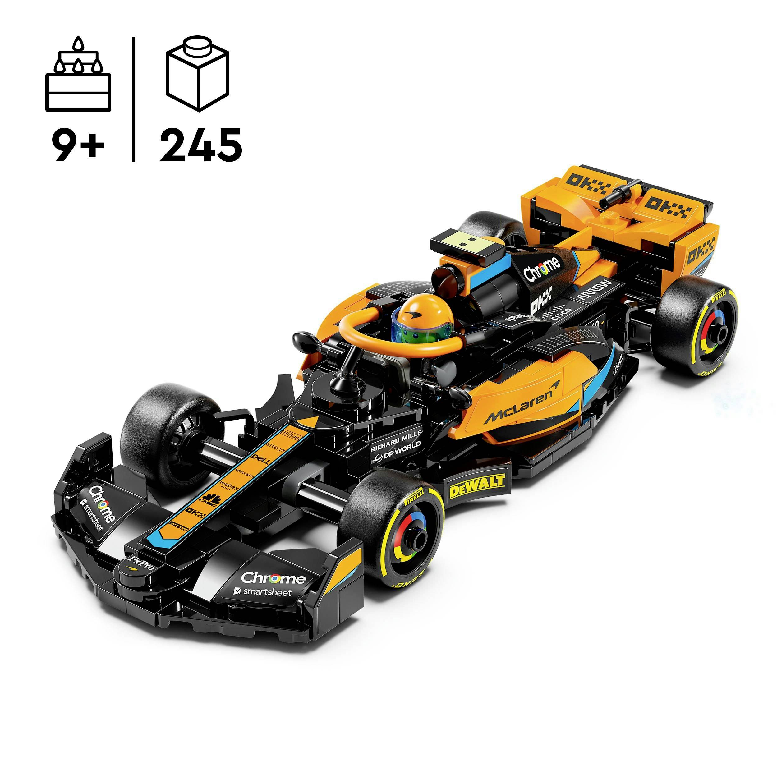 Lego-Rennwagen-Set mit 245 Teilen, empfohlen ab 9 Jahren. Modell eines Formel-1-Rennwagens mit McLaren-Details in Schwarz und Orange.