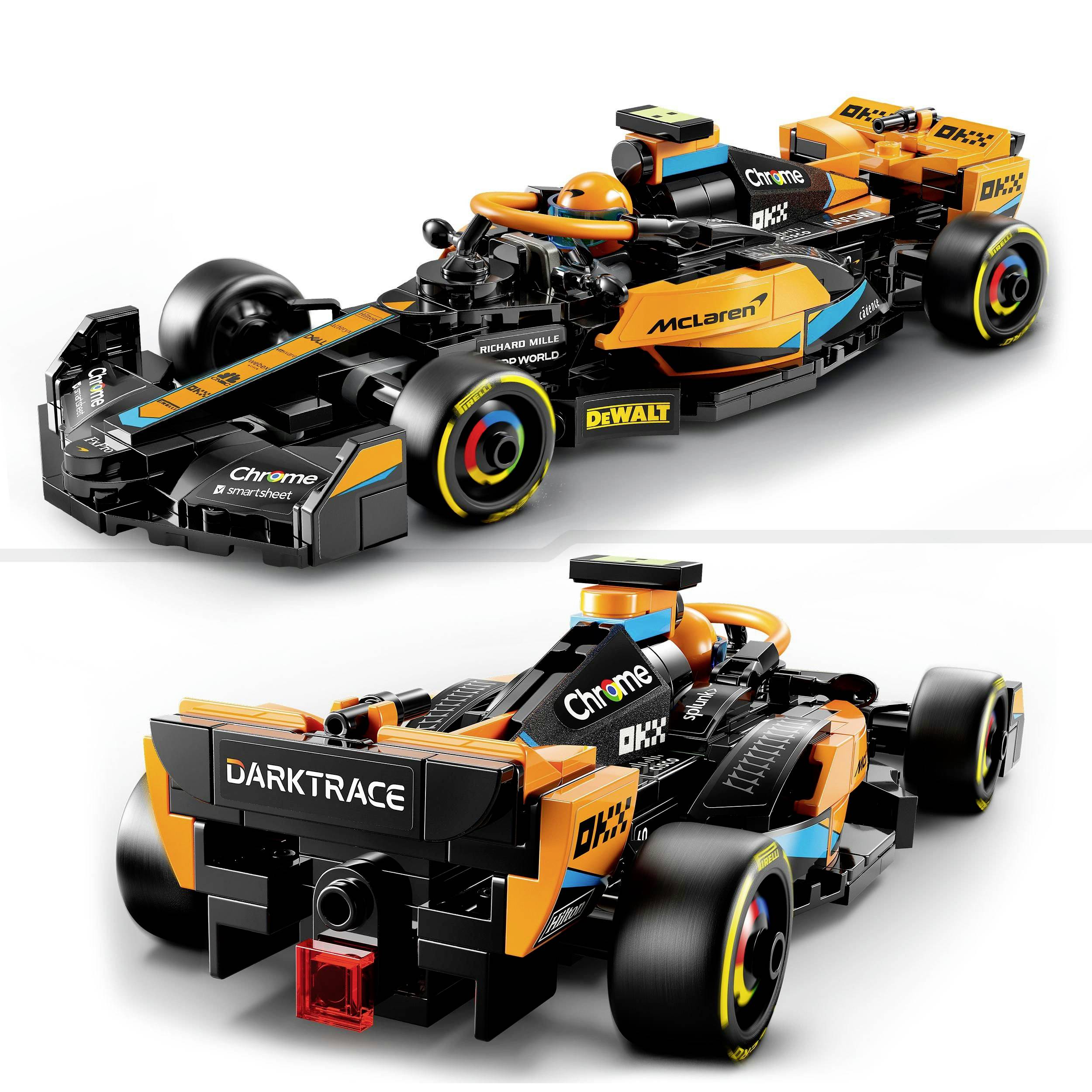 Ein orange-schwarzes LEGO-Modell eines Formel-1-Rennwagens mit Aufschriften von Sponsoren, zeigt Detailtreue und sportliches Design.