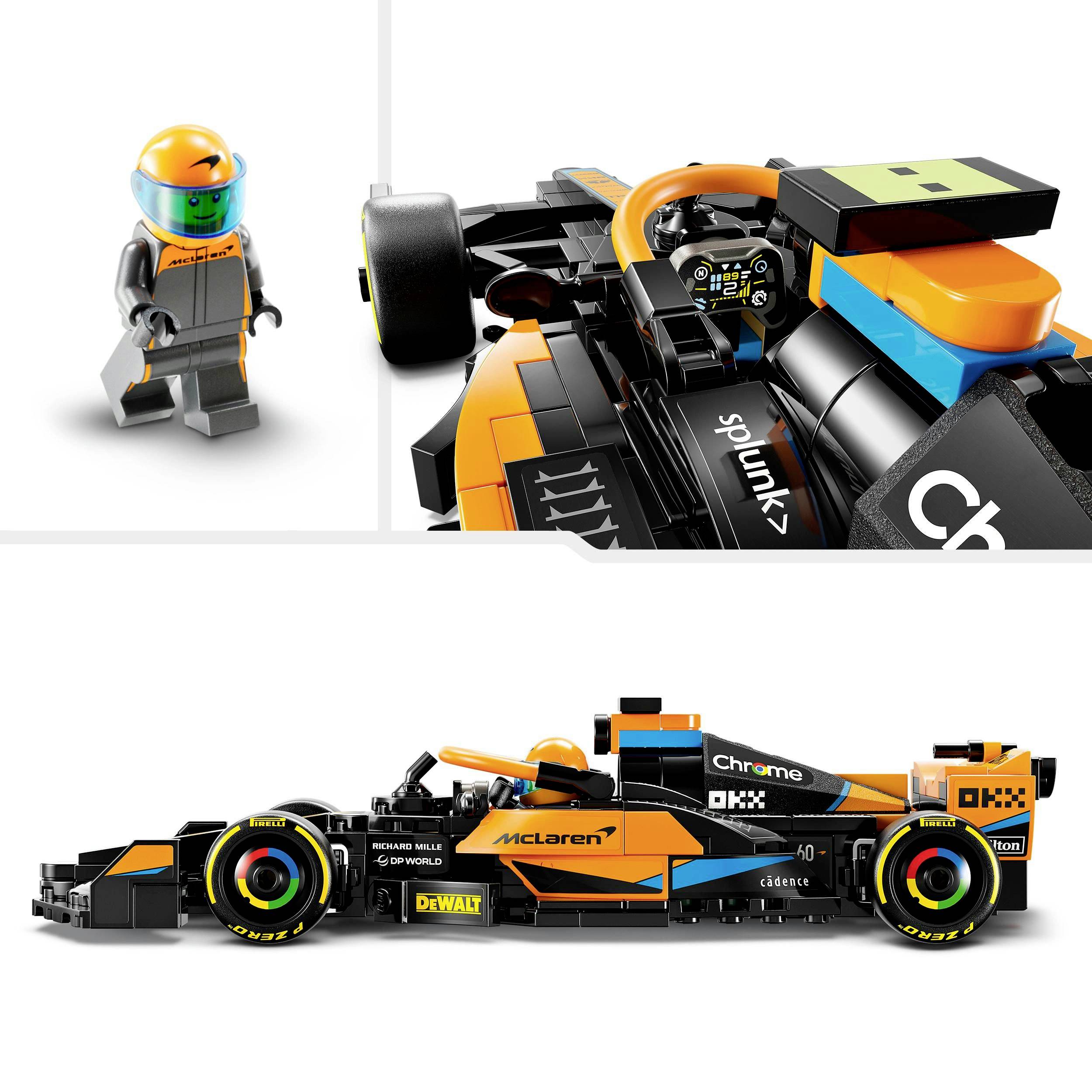 Ein LEGO-Rennwagen in schwarz-orange mit Fahrerfigur in passendem Anzug und Helm. Modell trägt Logos und hat aerodynamisches Design.