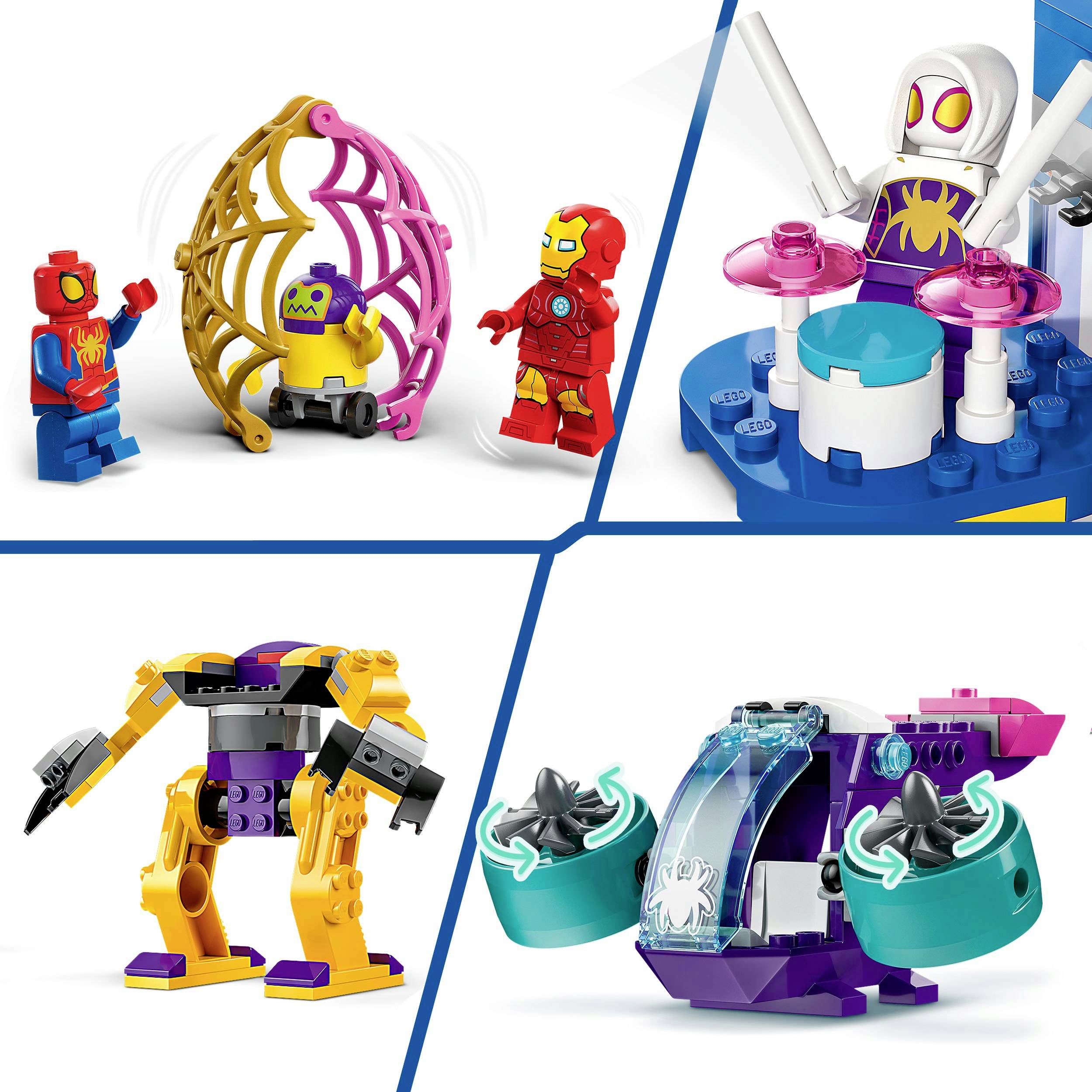 Kleine Figuren und Fahrzeuge aus bunten Bausteinen dargestellt, darunter Superhelden-Charaktere und ein futuristisches Fahrzeug.