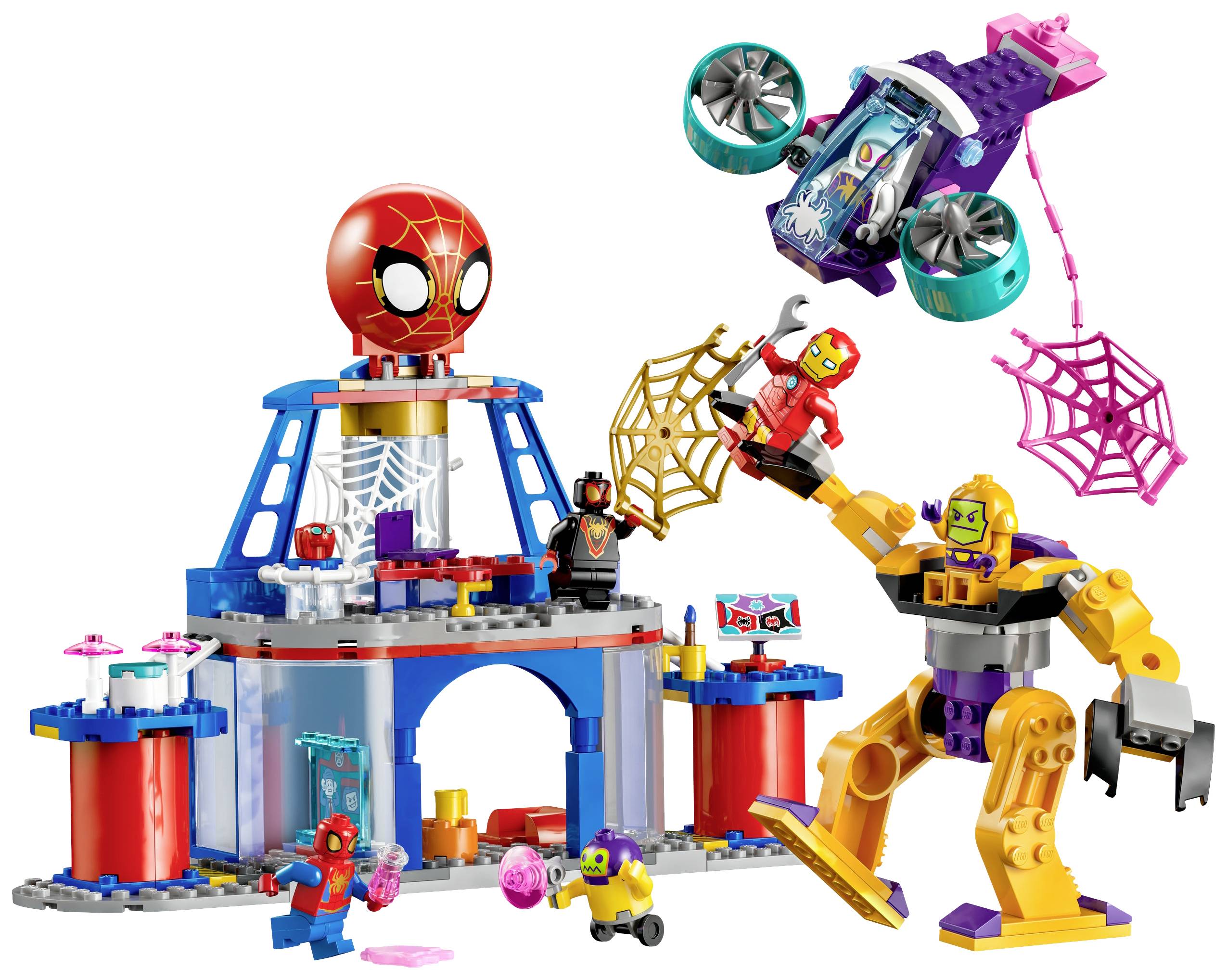 Ein LEGO-Set zeigt Superhelden in einem bunten Hauptquartier. Ein Roboter greift mit einer gelben Faust an, während Figuren darum kämpfen.