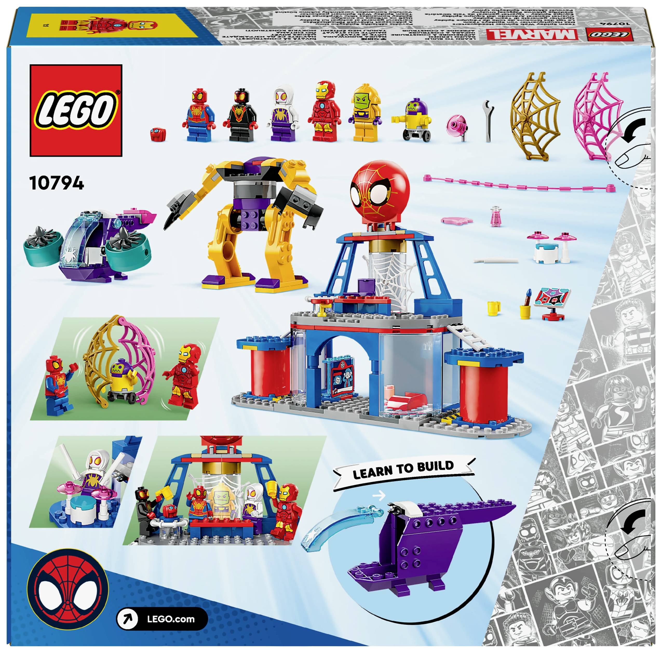 LEGO-Set von Marvel mit Spielfiguren und Bauvorschlag, darunter eine Spinnenhöhle und Actionfiguren im Superheldenstil.