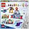 LEGO-Set von Marvel mit Spielfiguren und Bauvorschlag, darunter eine Spinnenhöhle und Actionfiguren im Superheldenstil.