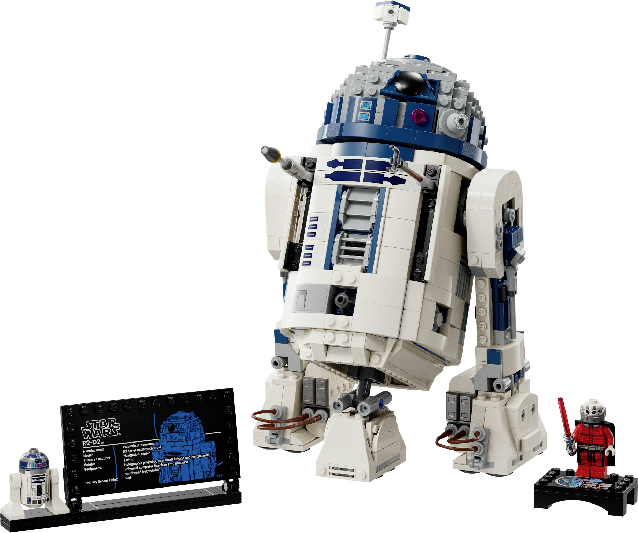LEGO-Modell von R2-D2 mit Infotafel und zusätzlicher Mini-Figur. Das Set zeigt technische Details des bekannten Star Wars-Droiden.