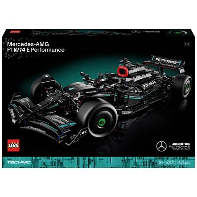 LEGO Technic Modell eines Mercedes-AMG F1 Rennwagens in schwarzem Design, wird als 1642-teiliges Set präsentiert.
