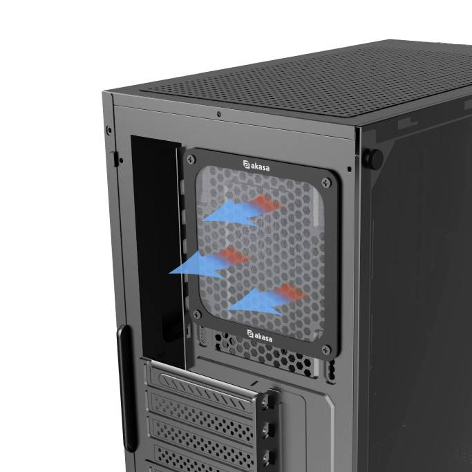 Ein Computergehäuse von Akasa mit einem eingebauten Lüfter. Blaue und rote Pfeile zeigen die Luftstromrichtung durch den Lüfter an.