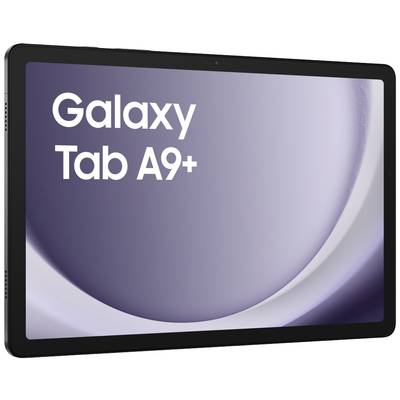 Tablet mit der Aufschrift 'Galaxy Tab A9+' auf dem Bildschirm, zeigt ein modernes Design mit minimalistischem Hintergrund in Lila.