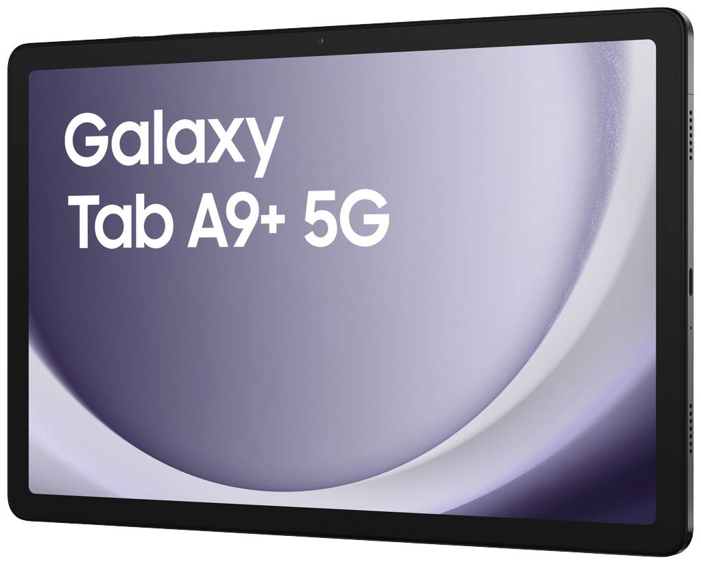 Tablet mit der Aufschrift 'Galaxy Tab A9+ 5G' auf dem Bildschirm, vor einem lila, kreisförmigen Hintergrund angezeigt.