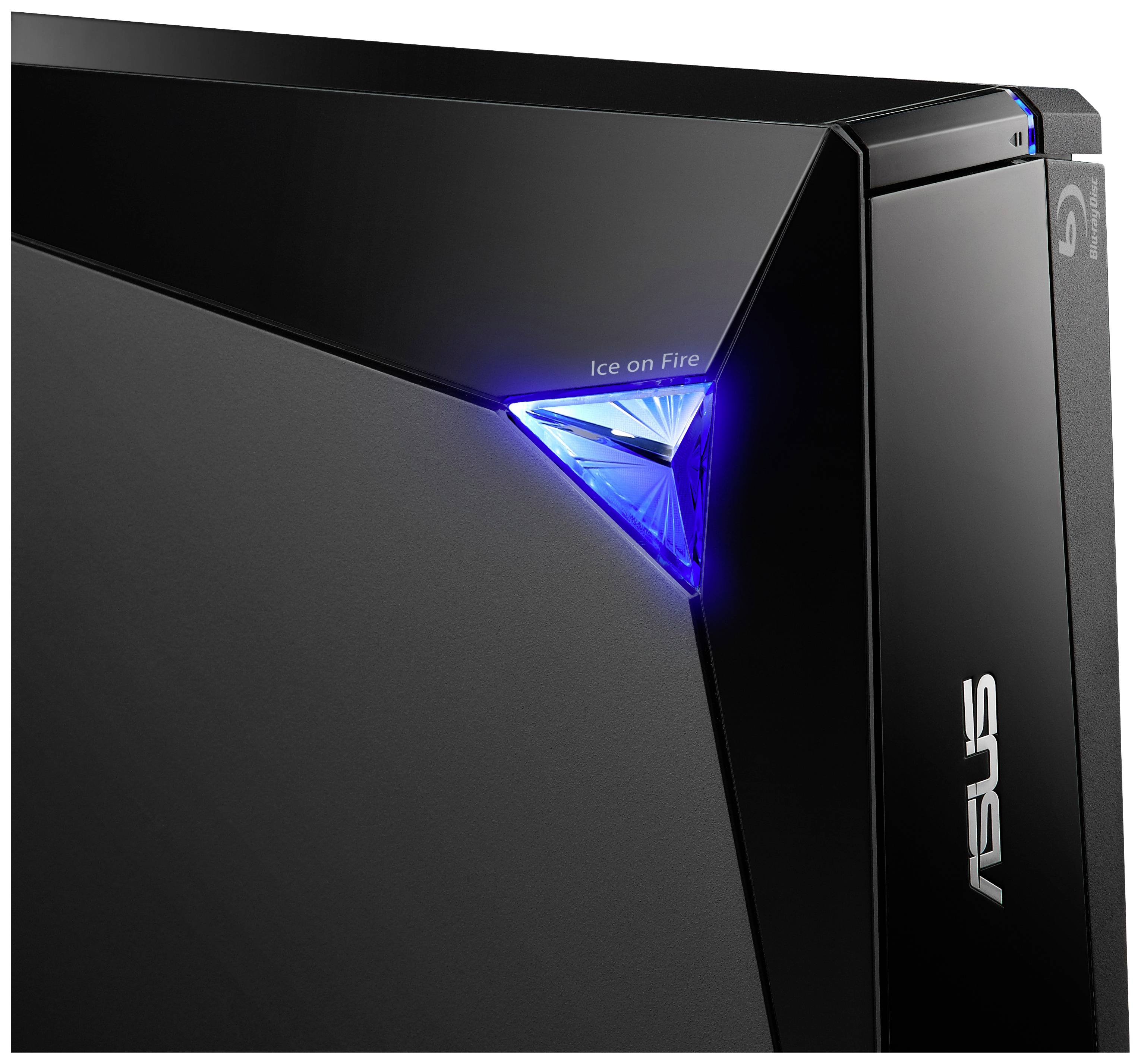 Ein schwarzer ASUS-Computer mit einem leuchtenden blauen Lichtelement in der Ecke, darunter steht 'Ice on Fire'.