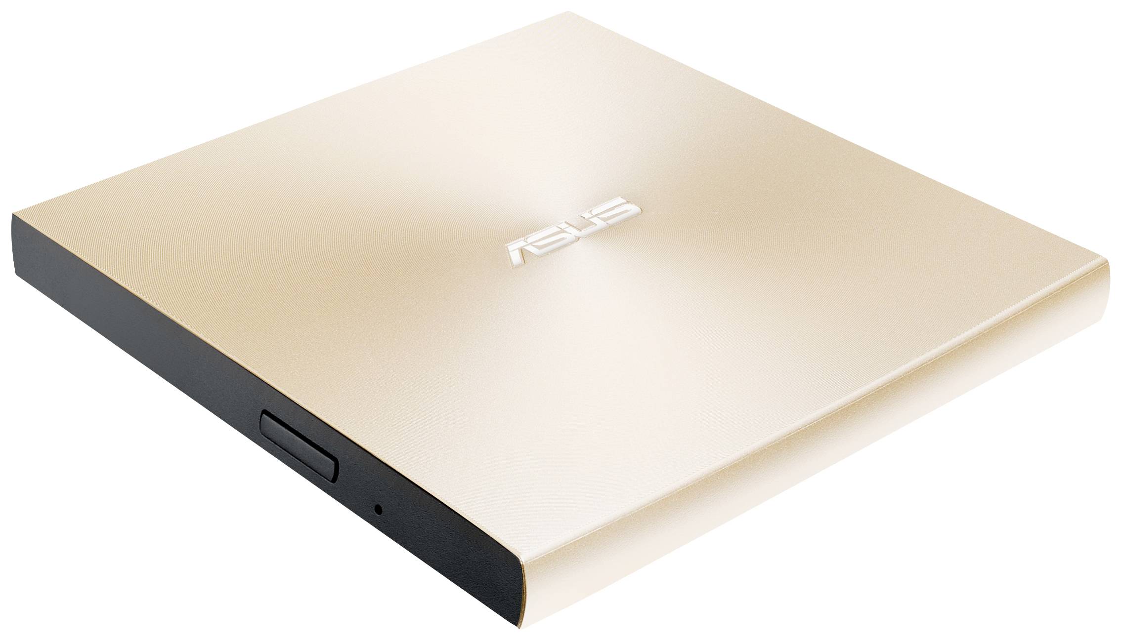 Ein flacher, goldfarbener externer DVD-Brenner der Marke ASUS, geeignet zum Abspielen und Brennen von DVDs und CDs.