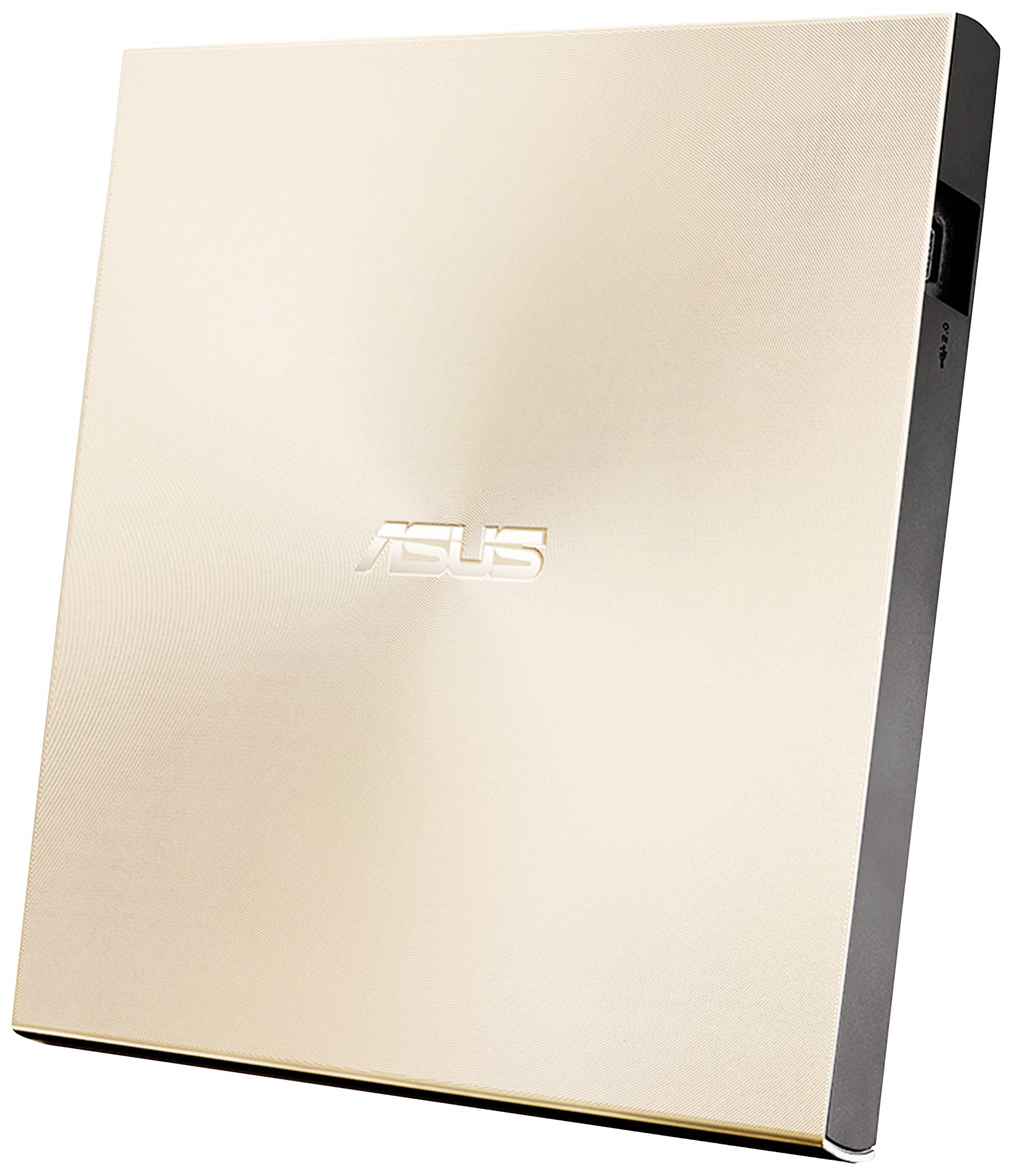 Ein elegantes, externes DVD-Laufwerk von Asus in goldener Farbe, schlankes Design, ideal für Laptops ohne internes Laufwerk.