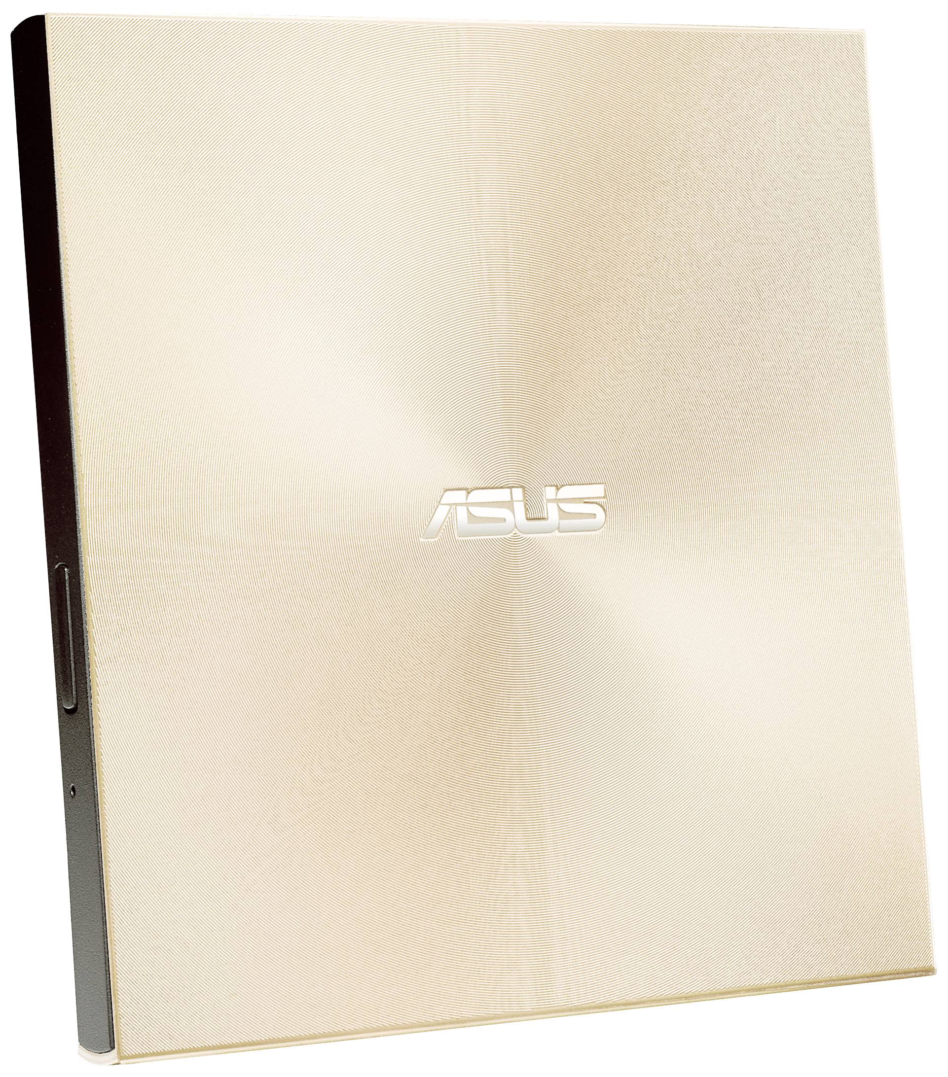 Ein schlanker, goldfarbener externer Asus-DVD-Brenner mit minimalistischer Gestaltung, geeignet für tragbare Computer.