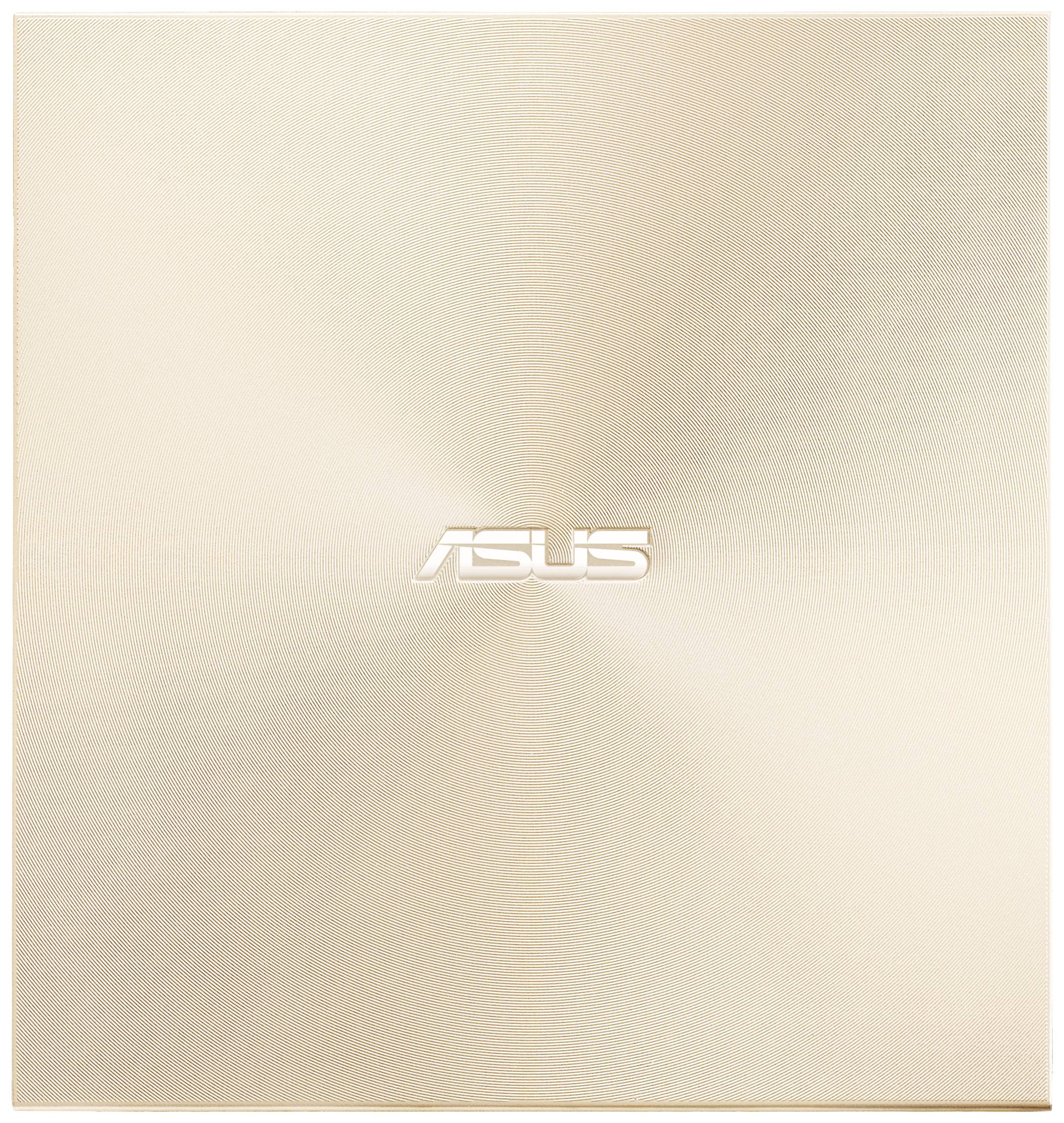 Ein quadratisches, bronzefarbenes Laptop-Gehäuse von ASUS mit einem subtilen, konzentrischen Muster und dem Markenlogo in der Mitte.