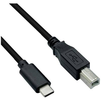 Ein USB-Kabel mit einem USB-C-Stecker auf der linken Seite und einem USB-B-Stecker auf der rechten Seite auf weißem Hintergrund.