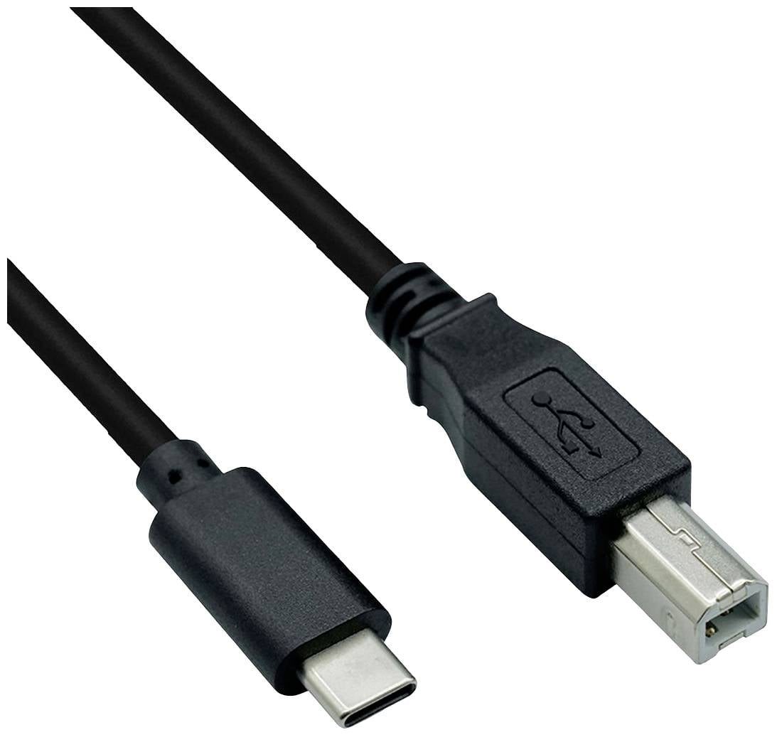 'Ein USB-Kabel mit einem USB-C-Stecker links und einem USB-B-Stecker rechts, zur Verbindung von Geräten mit unterschiedlichen Anschlüssen.'
