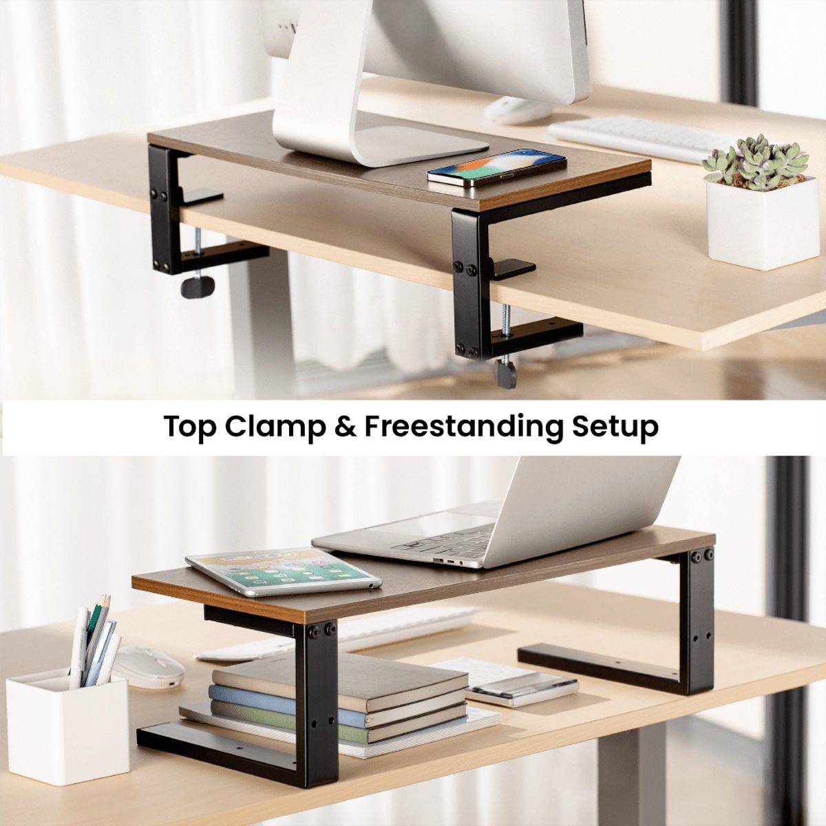 Ein höhenverstellbarer Schreibtischaufsatz zeigt oben mit Computer, unten mit Laptop. Ideal für Sitz- und Steharbeit.