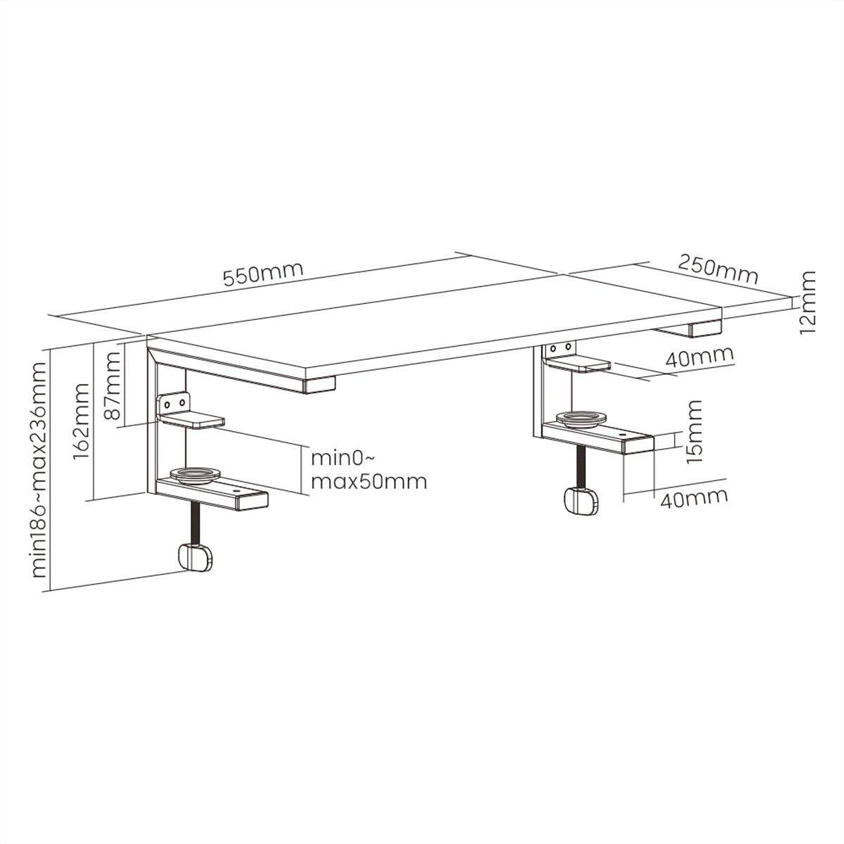 Strichzeichnung eines höhenverstellbaren Tischs mit genauen Maßen: Breite 550mm, Tiefe 250mm, Höhe verstellbar, inkl. Montageteile.