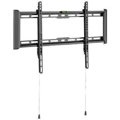 Ein schwarzer Wandhalter für Fernseher mit verstellbaren Schienen und eingebauter Wasserwaage, montiert an einer Wand.