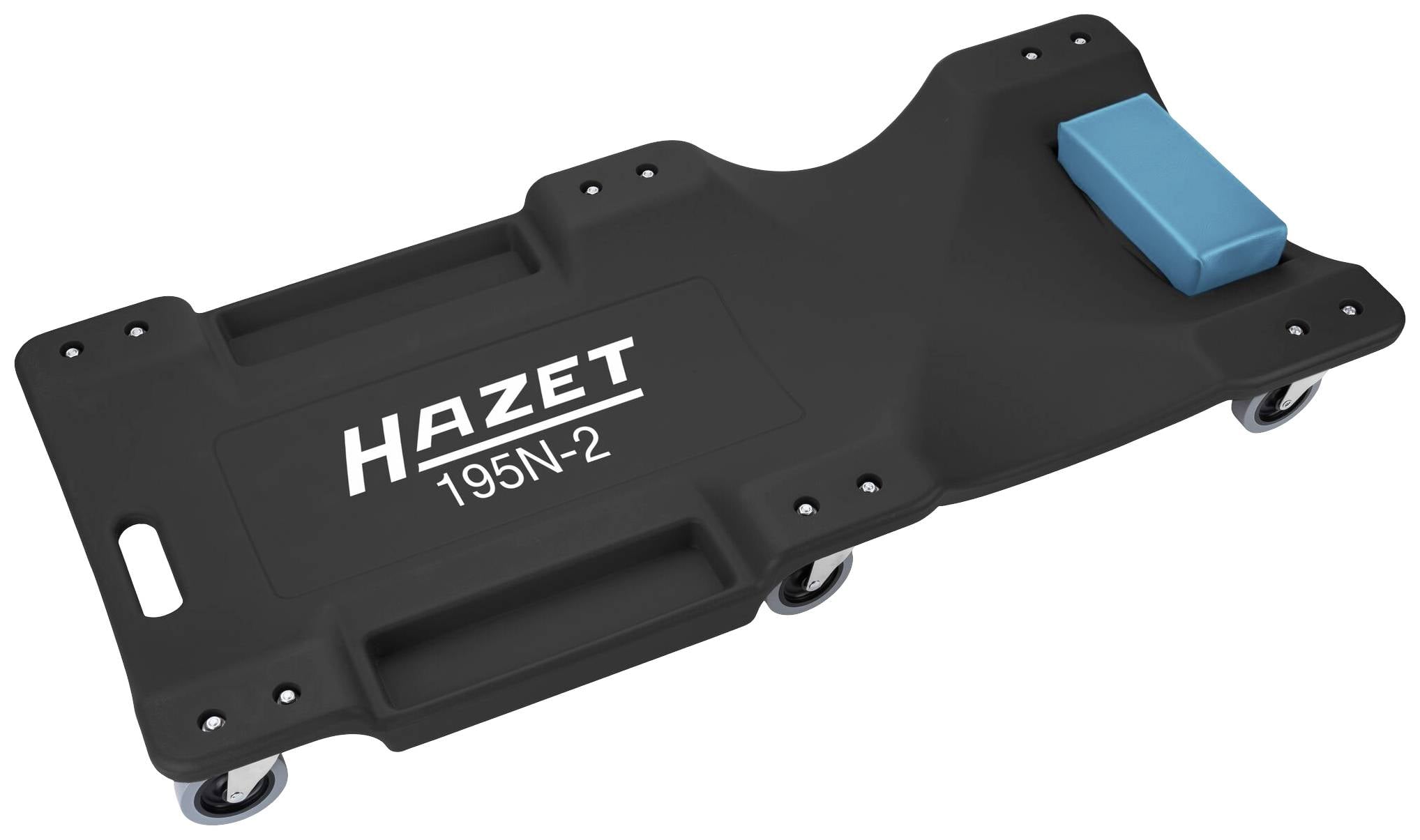 Schwarzes HAZET-Montagebrett mit Rollen, Modell 195N-2, und blauem Kopfkissen für Werkstattarbeiten.