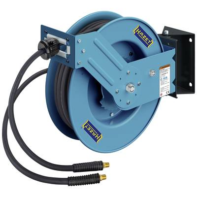 Automatische Kabeltrommel in Blau, an der Wand montiert, mit zwei schwarzen Schläuchen und gelb-blauem Logo auf der Trommel.