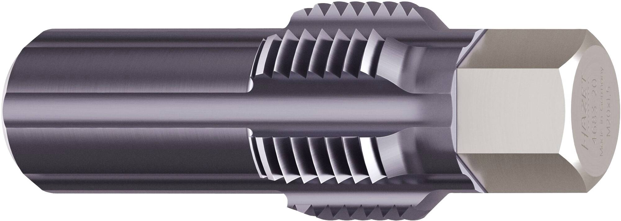 Metallschraubenzieher mit hexagonal geformtem Griff und feinen Gewinderillen im mittleren Bereich.