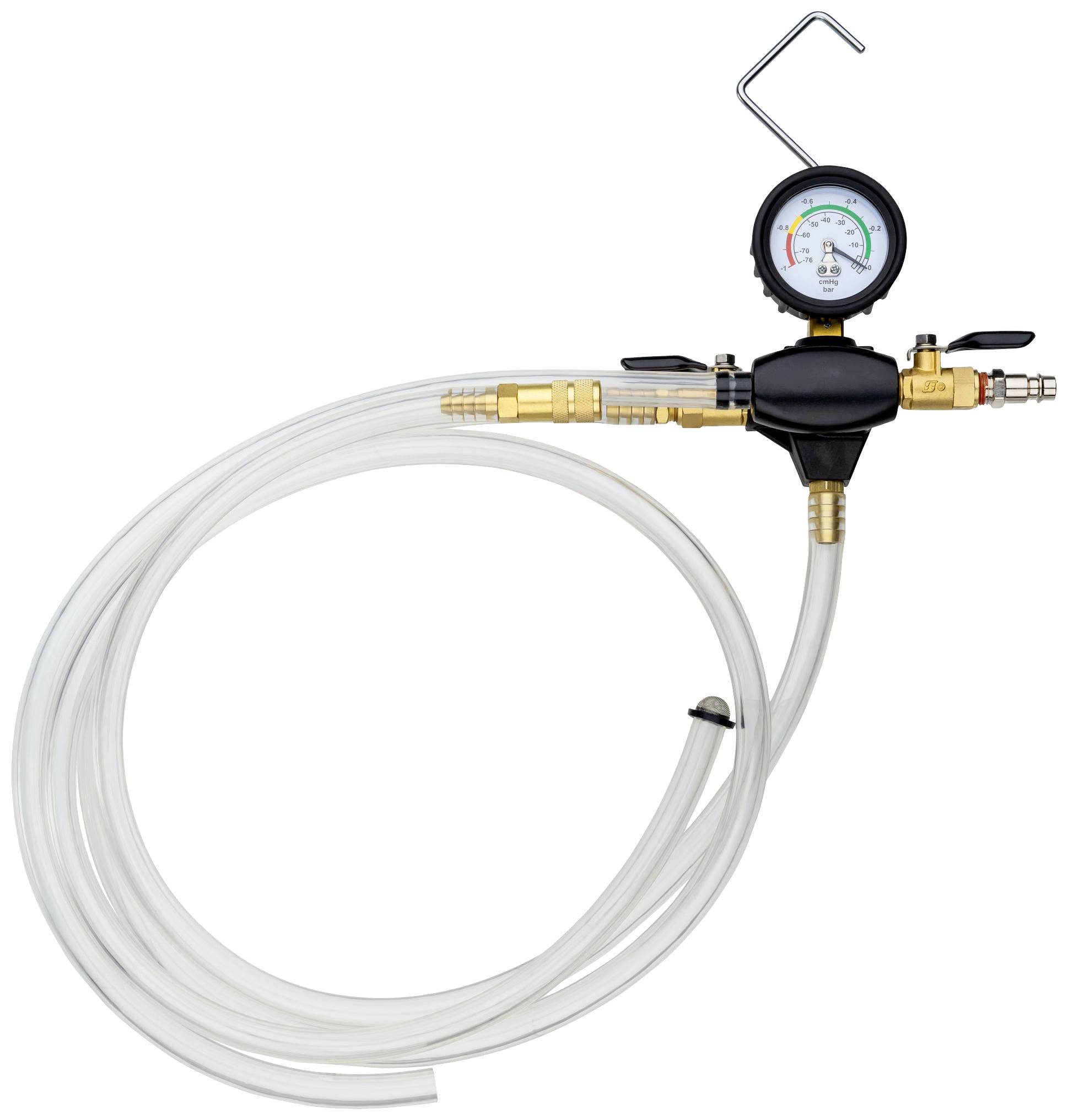 Manometer mit Anzeige und Schläuchen zur Druckmessung, geeignet für den Einsatz in technischen Anwendungen und der Luftdruckkontrolle.