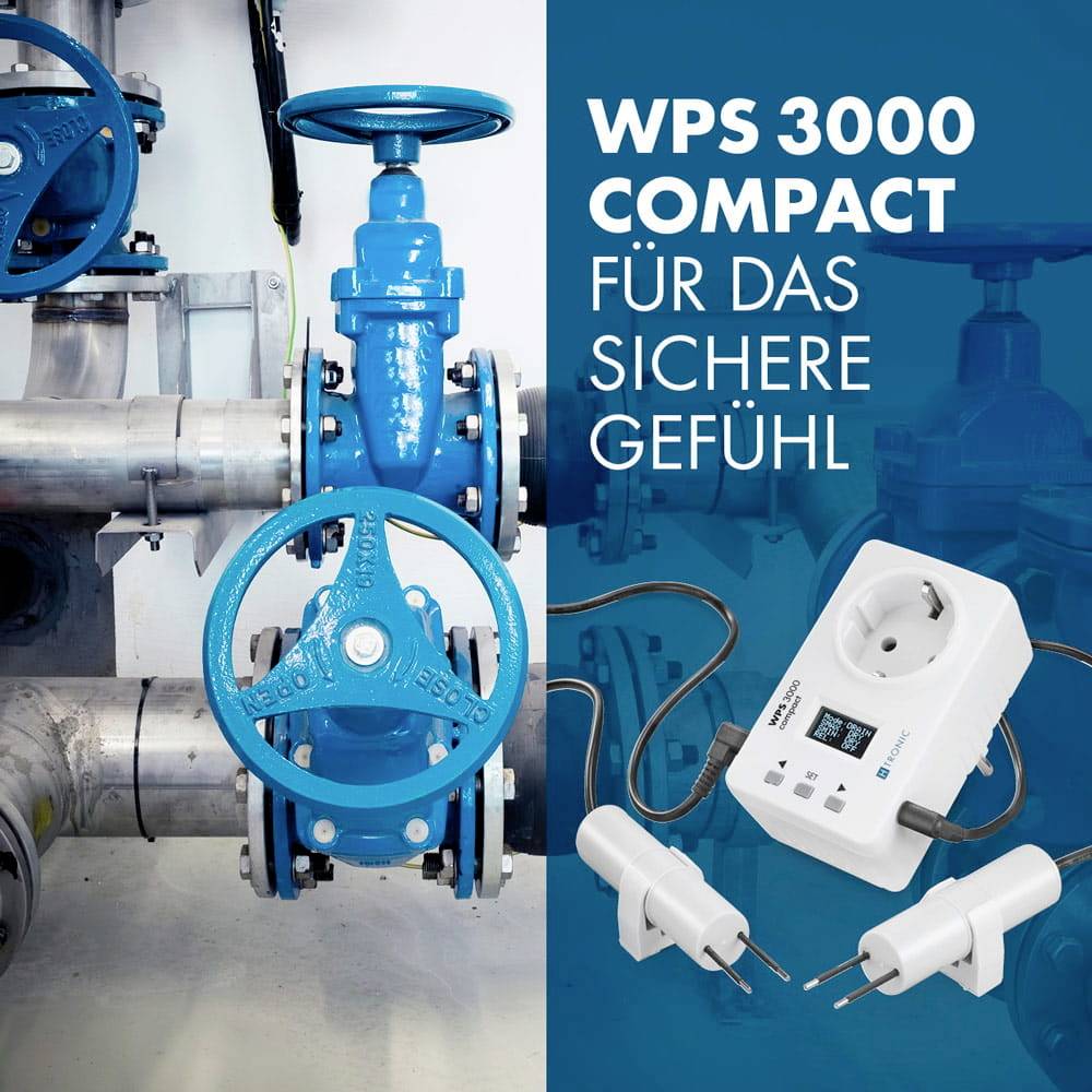 'WPS 3000 Compact für das sichere Gefühl'. Bild eines blauen Industrieventils und eines weißen elektrischen Steckers.