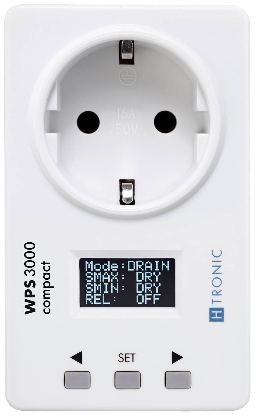 Steckdose mit Display zeigt 'Mode: DRAIN', 'SMAX: DRY', 'SMIN: DRY', 'REL: OFF'. Links 'WPS 3000 compact'.