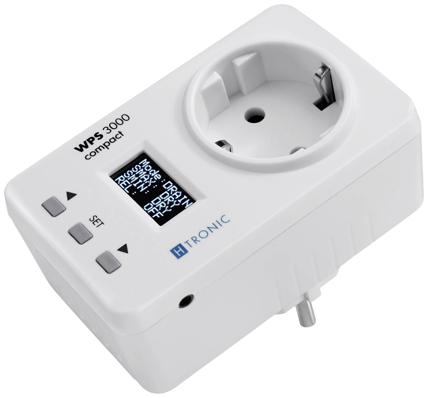 Eine weiße, digitale Zeitschaltuhr 'WPS 3000 compact' mit Display und Bedientasten zeigt Stromverbrauchsdaten an.