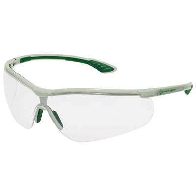 Schutzbrille mit grünem Rahmen und klaren Gläsern, geeignet für den Augenschutz bei handwerklichen Arbeiten.