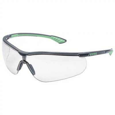 Schutzbrille in Grau und Grün mit durchsichtigen Gläsern, geeignet für den Augenschutz bei handwerklichen oder industriellen Tätigkeiten.