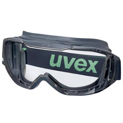 Eine Schutzbrille mit klarem Glas und schwarzem Rahmen. Der elastische, verstellbare Riemen ist mit dem Schriftzug 'uvex' in Grün versehen.