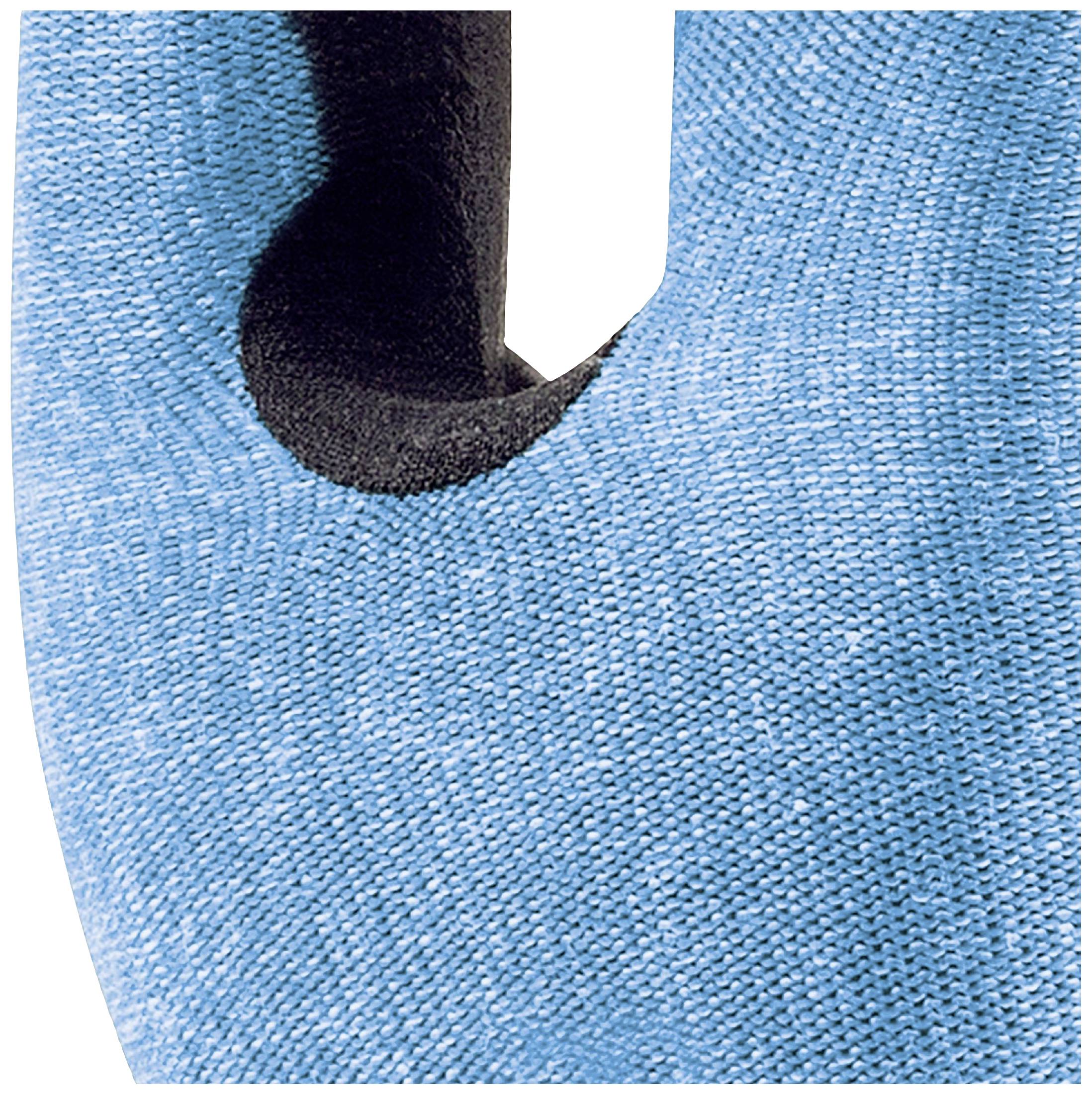 Ein blauer, gestrickter Handschuh mit einem schwarzen, rutschfesten Griff.