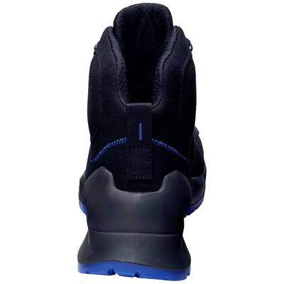 Schwarzer Sportschuh von hinten, mit blauer Sohle und Nähten.