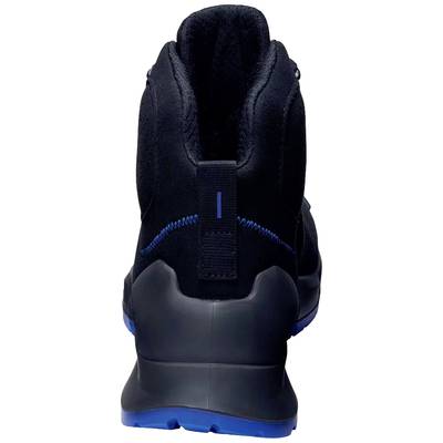 Schwarzer Sportschuh von hinten, mit blauer Sohle und blauem Zierstreifen. Robust und modisch gestaltet.