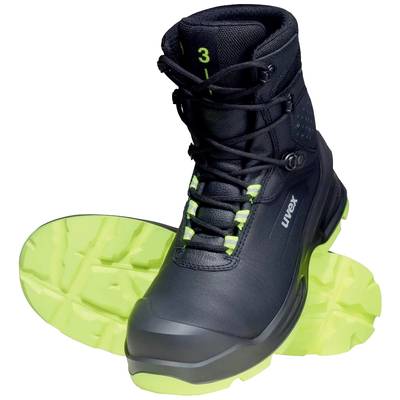 Schwarze Sicherheitsstiefel mit grüner Sohle und Schnürung, ideal für Arbeitsumgebungen. Markierung 'UVEX' an der Seite.