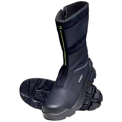 Schwarze, knöchelhohe Sicherheitsstiefel von UVEX mit robusten Sohlen, geeignet für industrielle oder handwerkliche Arbeiten.
