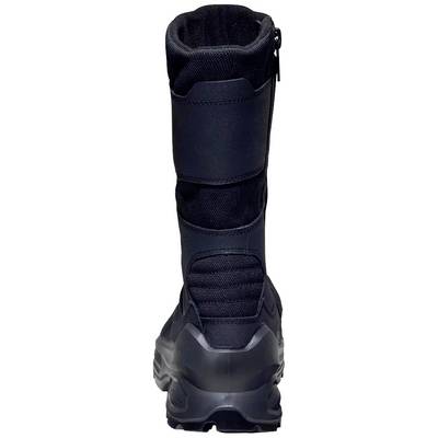 Schwarzer, hoher Stiefel mit robuster Sohle, zeigt die Rückansicht; geeignet für Outdoor-Nutzung.