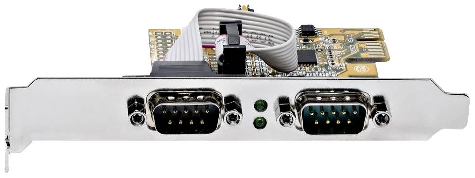 Eine PCI-Express-Karte mit zwei seriellen DB9-Anschlüssen und zwei LEDs an der Blende, verbunden mit einem Flachbandkabel.