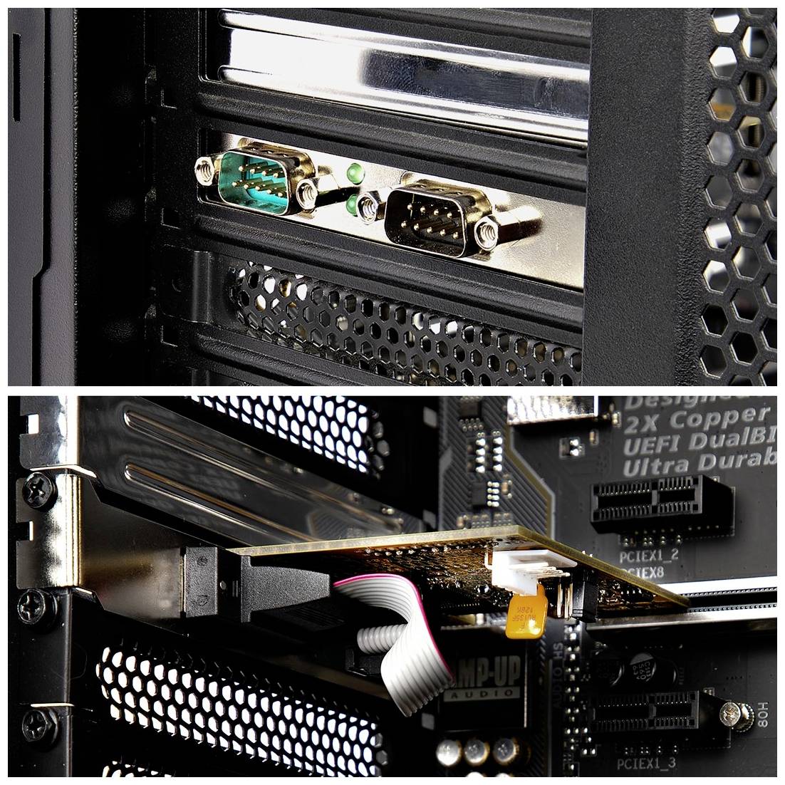 'Computergehäuse-Innenansicht mit seriellem und VGA-Anschluss oben; unten ist eine Erweiterungskarte mit Flachbandkabel sichtbar.'