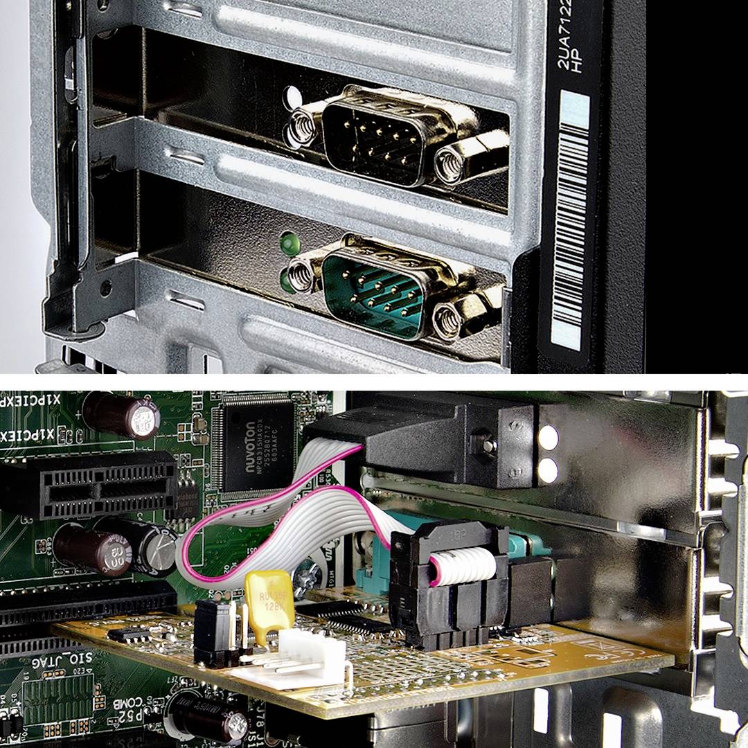 'Innenansicht eines Computers: Zwei serielle Anschlüsse und eine interne Schaltung mit Leiterplatte und Kabelverbindung.'