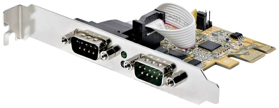 Serielle PCIe-Erweiterungskarte mit zwei RS-232-Ports, eingestecktem Kabel und sichtbaren Schaltkreisen auf der Platine.