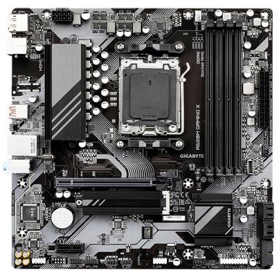 Ein Mainboard für Desktop-Computer, mit CPU-Sockel in der Mitte, mehreren RAM-Steckplätzen und verschiedenen Anschlüssen und Kühlkörpern.
