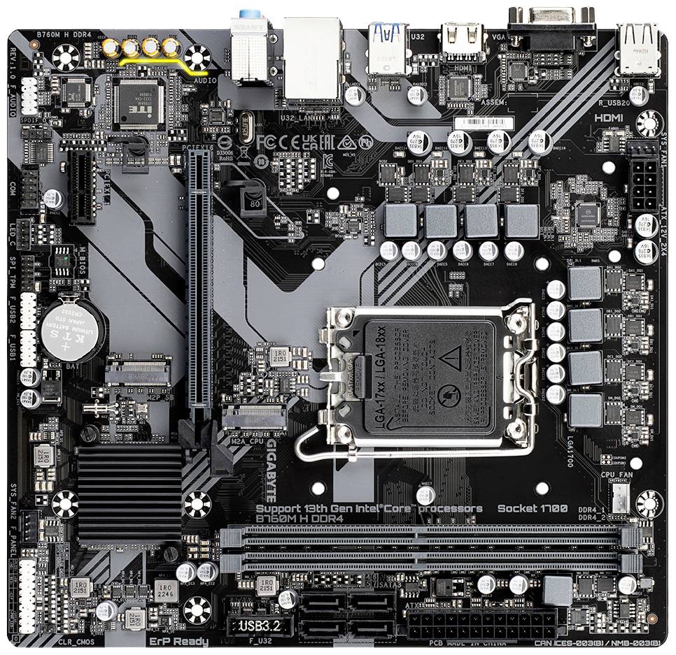 Computer-Mainboard mit verschiedenen Anschlüssen und Komponenten für Prozessor, RAM und Peripheriegeräte.
