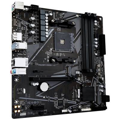 Ein Computer-Mainboard mit verschiedenen Anschlüssen und Steckplätzen, markiert als 'GIGABYTE B450M DS3H V2'.