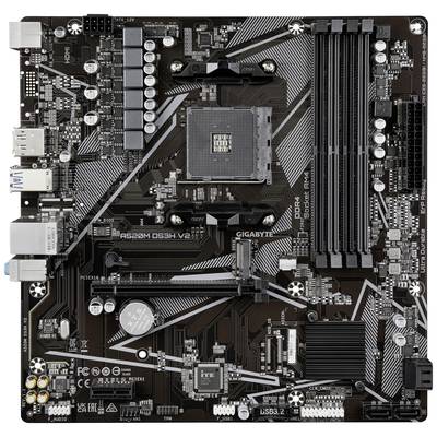 Ein Computer-Mainboard mit RAM-Steckplätzen, Prozessor-Sockel, SATA-Anschlüssen und PCI-Express-Steckplatz, geeignet für PC-Hardware.